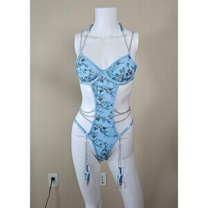 Avidlove Blue Floral Sexy Lingerie Strappy Chains Garter Bodysuit Size S